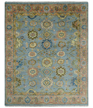 Ready to Ship Hand Knotted Blue and Rust Modern Oushak Area Rug