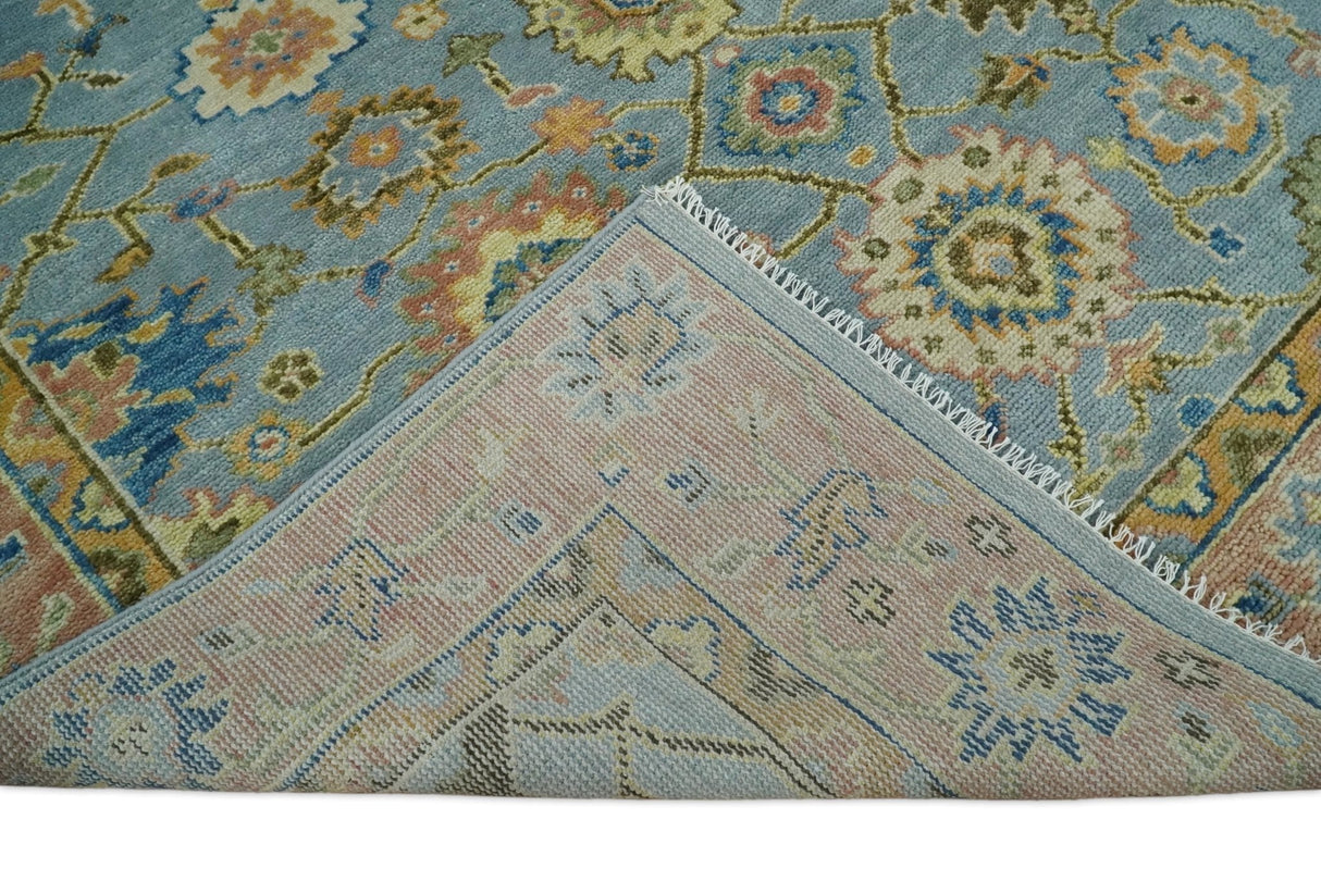 Ready to Ship Hand Knotted Blue and Rust Modern Oushak Area Rug