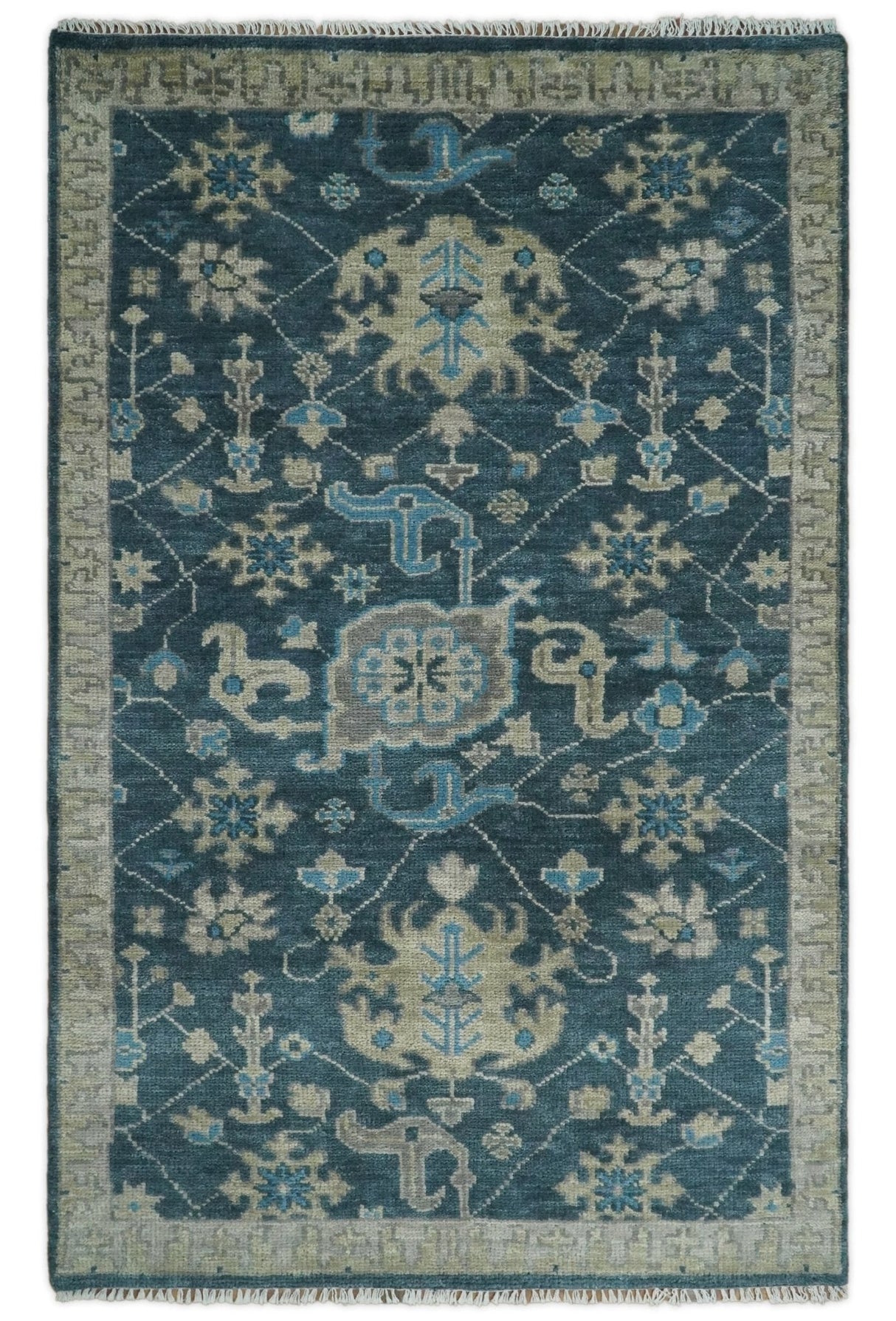 Ready to Ship Hand Knotted Oriental Turkish Oushak Blue and Camel Wool Area Rug