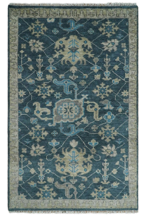Ready to Ship Hand Knotted Oriental Turkish Oushak Blue and Camel Wool Area Rug