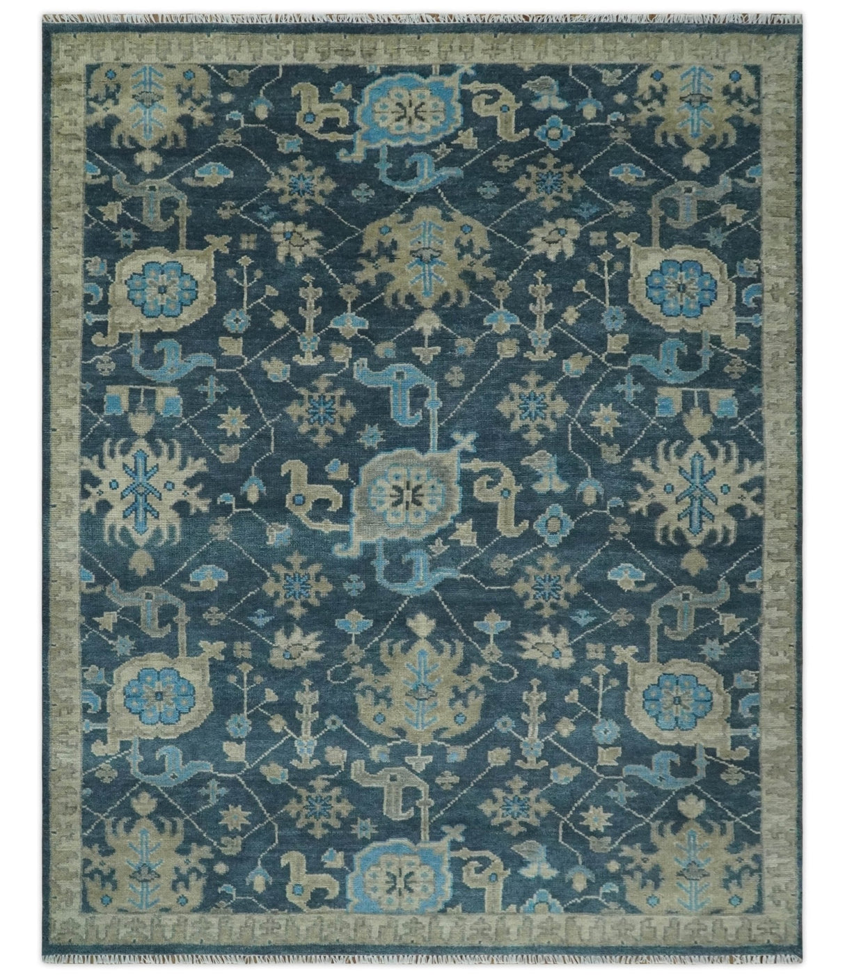 Ready to Ship Hand Knotted Oriental Turkish Oushak Blue and Camel Wool Area Rug