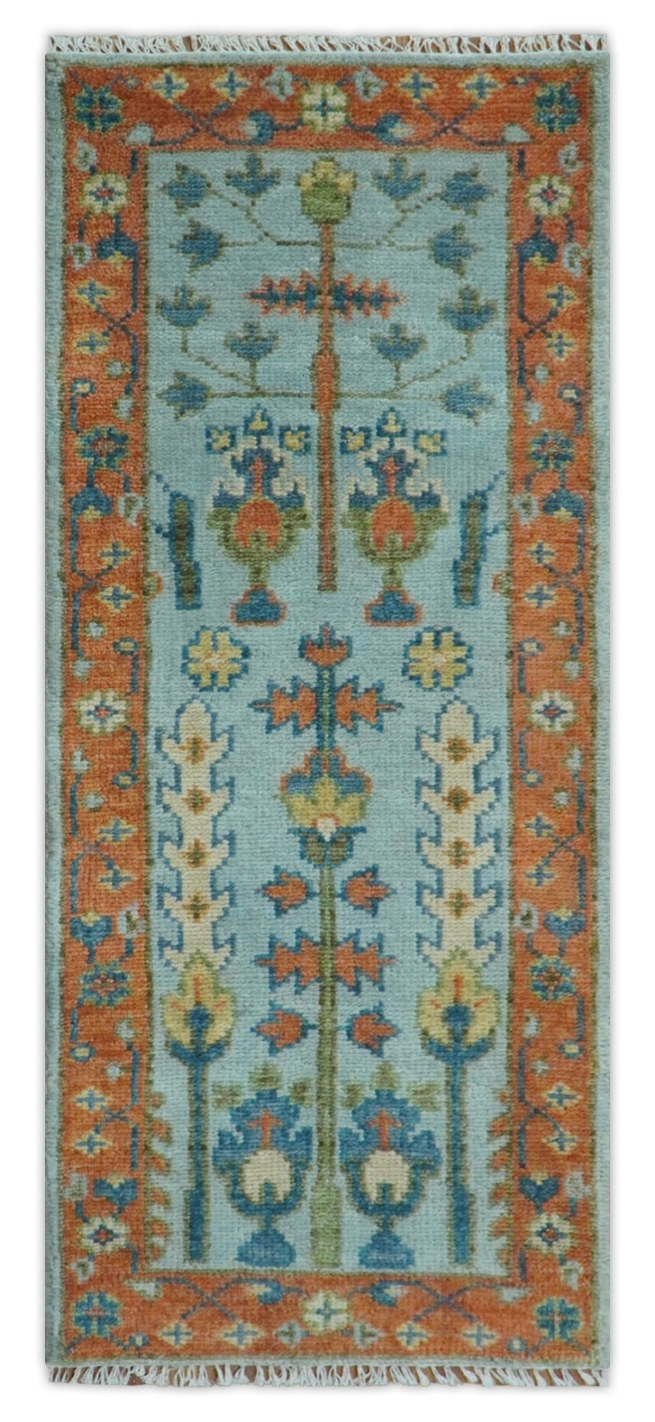 Ready to Ship Hand Knotted Tree of Life Blue And Rust 2.6x6 Design Wool Rug