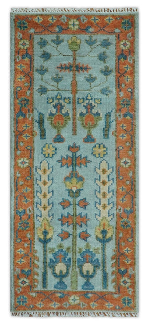 Ready to Ship Hand Knotted Tree of Life Blue And Rust 2.6x6 Design Wool Rug