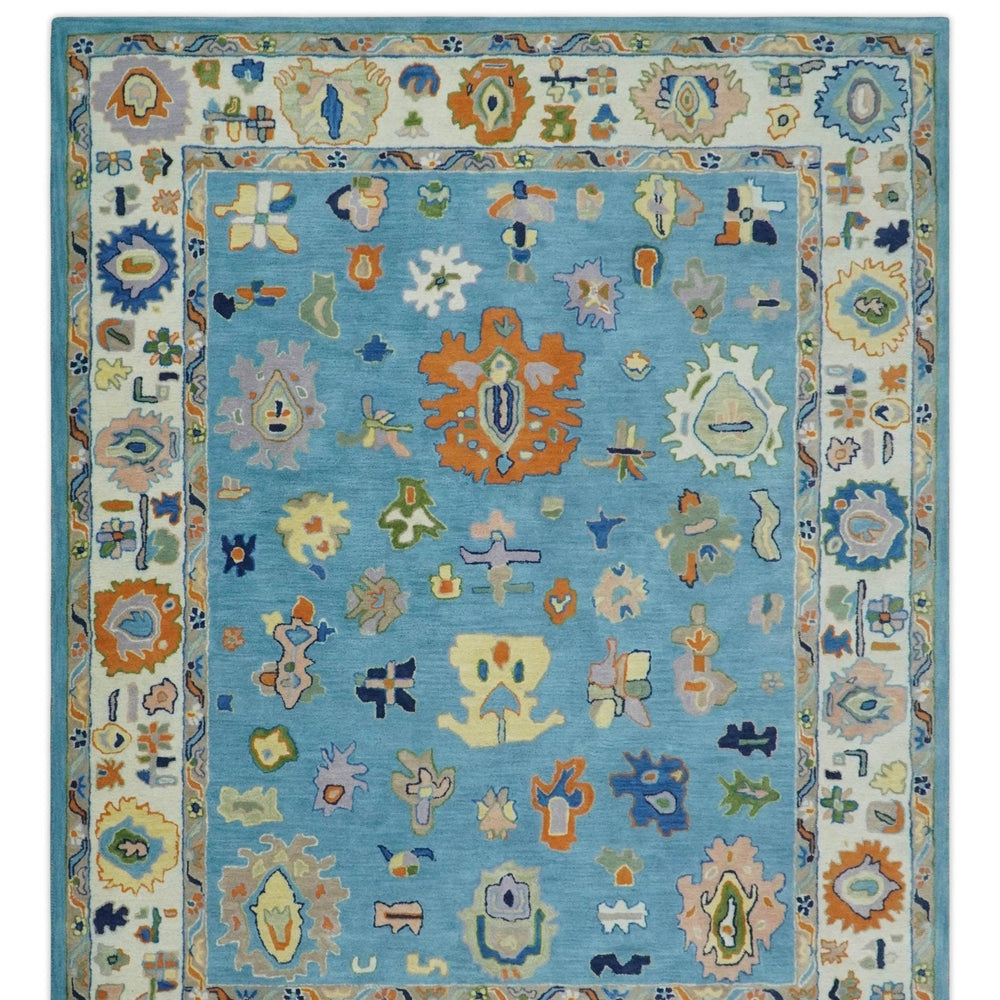 Ready to Ship Hand Tufted Blue and Ivory Modern Colorful Oushak Rug, Kids, Living Room Rug