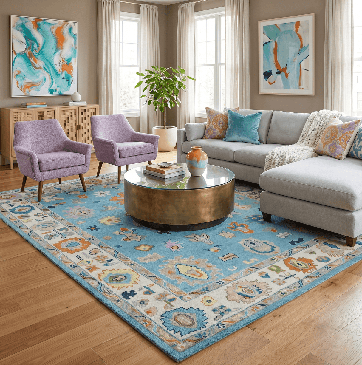 Ready to Ship Modern Oushak Blue And Ivory Hand Tufted 5x7 Wool Rug