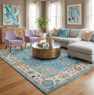 Ready to Ship Modern Oushak Blue And Ivory Hand Tufted 5x7 Wool Rug