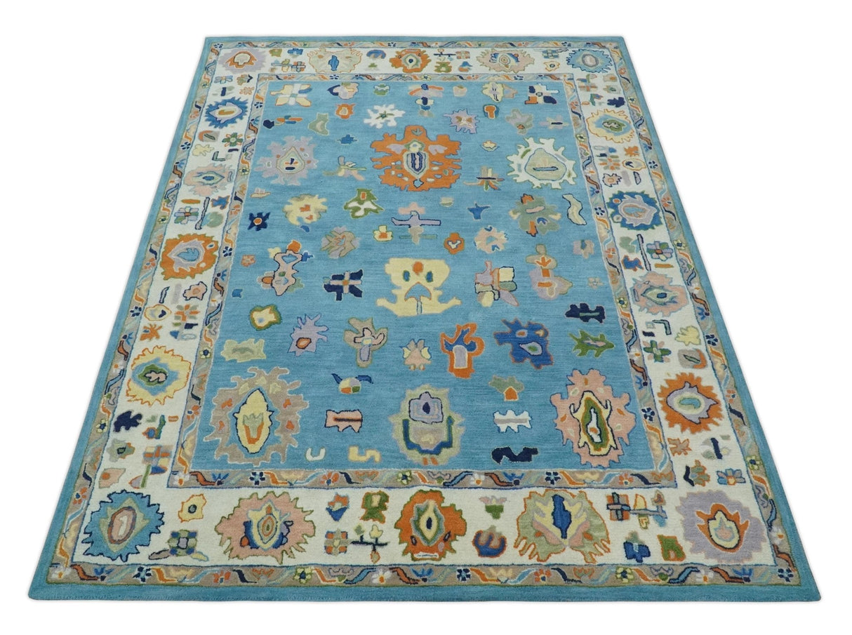 Ready to Ship Modern Oushak Blue And Ivory Hand Tufted 5x7 Wool Rug