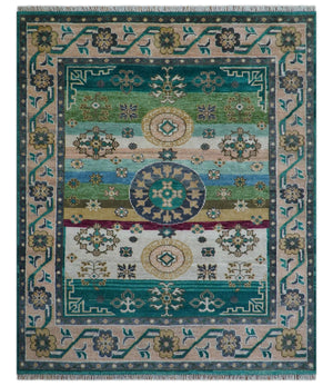 Ready to Ship Peach And Teal Traditional Hand Knotted 8x10 Wool Rug