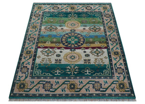 Ready to Ship Peach And Teal Traditional Hand Knotted 8x10 Wool Rug