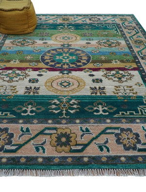 Ready to Ship Peach And Teal Traditional Hand Knotted 8x10 Wool Rug