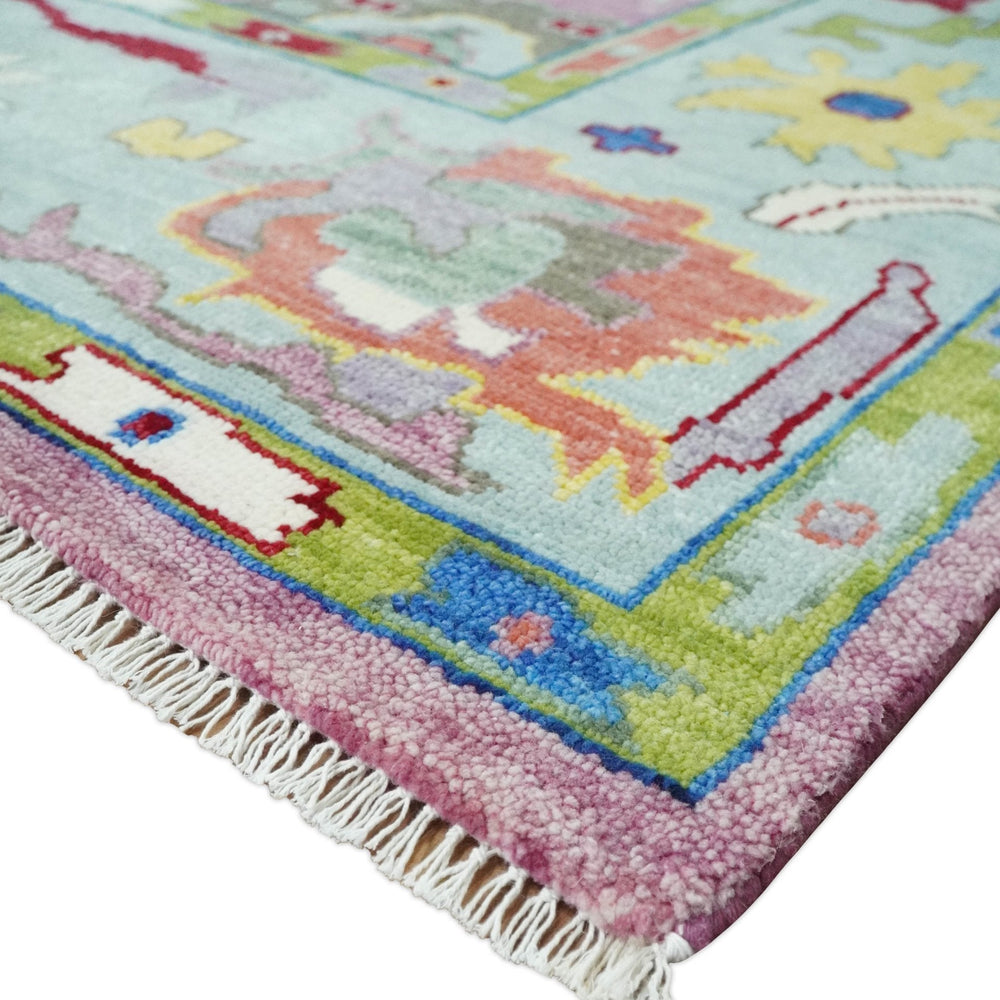 Ready to Ship Pink Modern Oushak Rug Wool Blue Colorful Hand knotted Area Rug