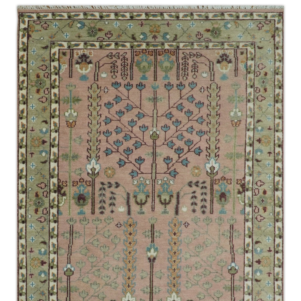 Ready to Ship Pink, Olive and Beige Traditional Vintage Style Tree Wool Rug