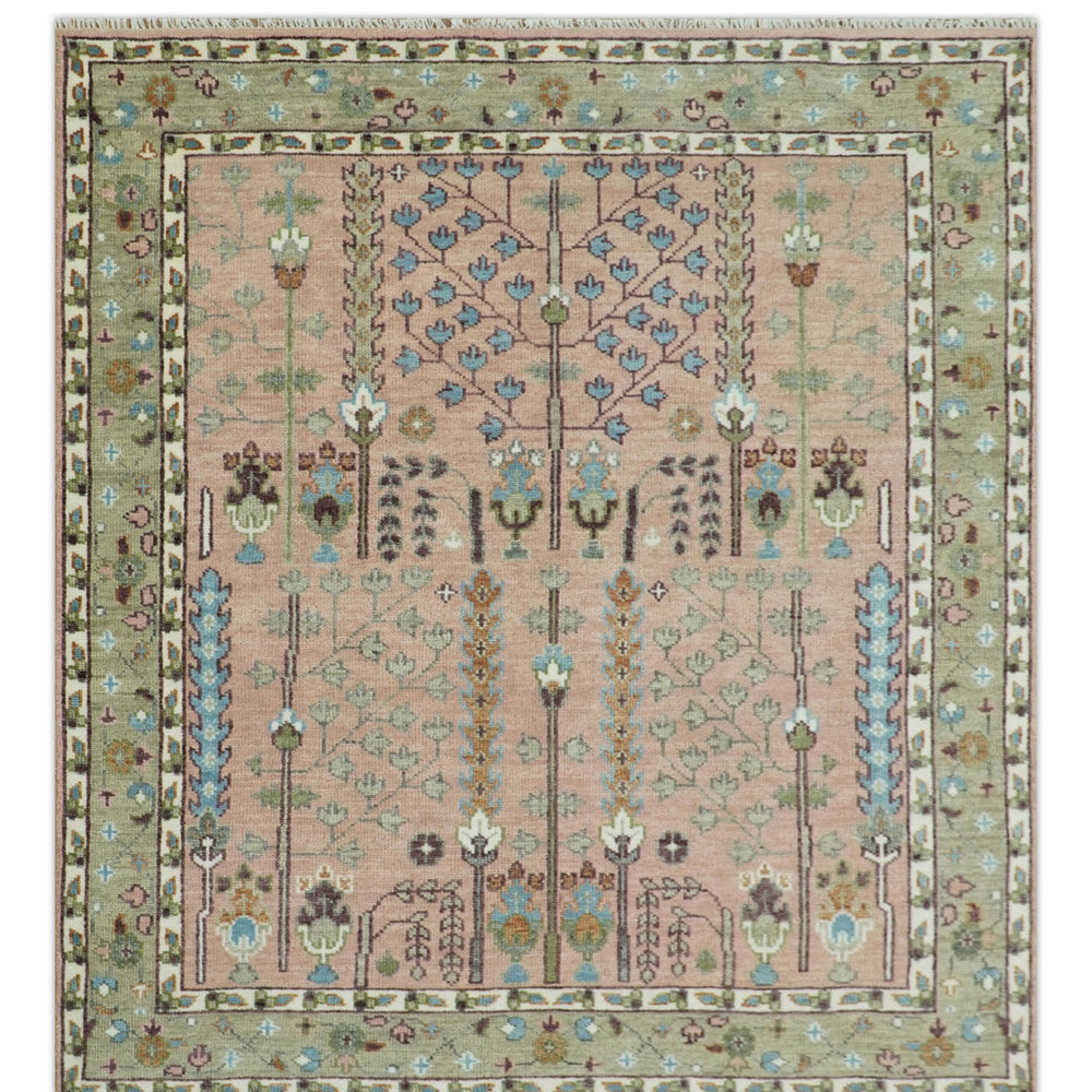 Ready to Ship Pink, Olive and Beige Traditional Vintage Style Tree Wool Rug