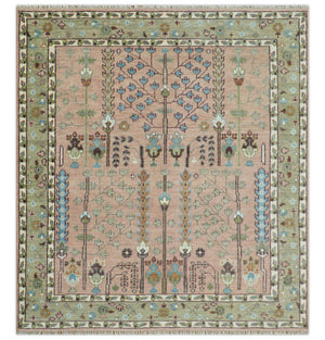 Ready to Ship Pink, Olive and Beige Traditional Vintage Style Tree Wool Rug