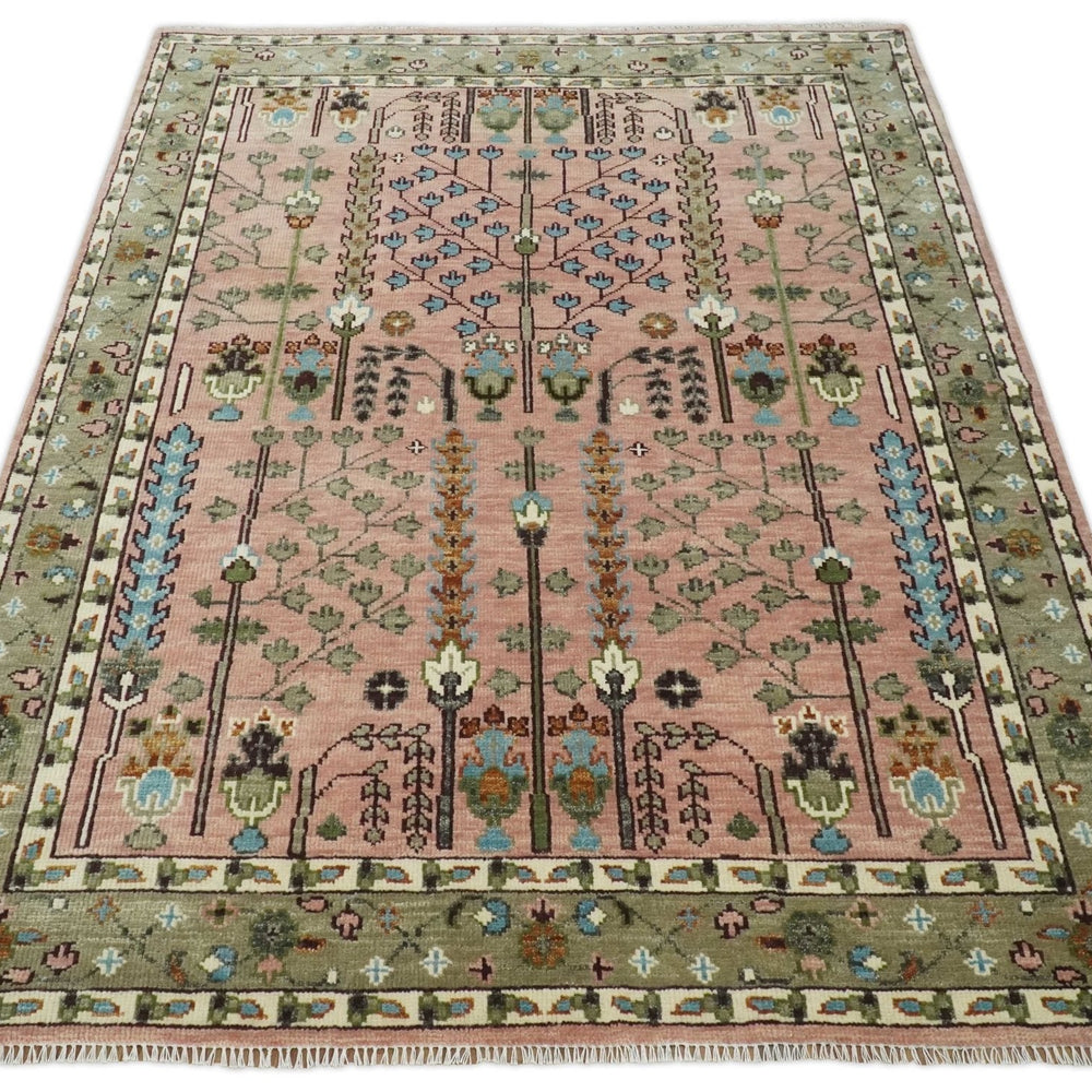 Ready to Ship Pink, Olive and Beige Traditional Vintage Style Tree Wool Rug