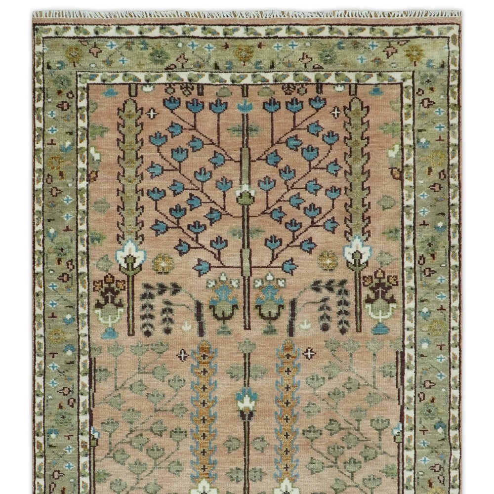 Ready to Ship Pink, Olive and Beige Traditional Vintage Style Tree Wool Rug