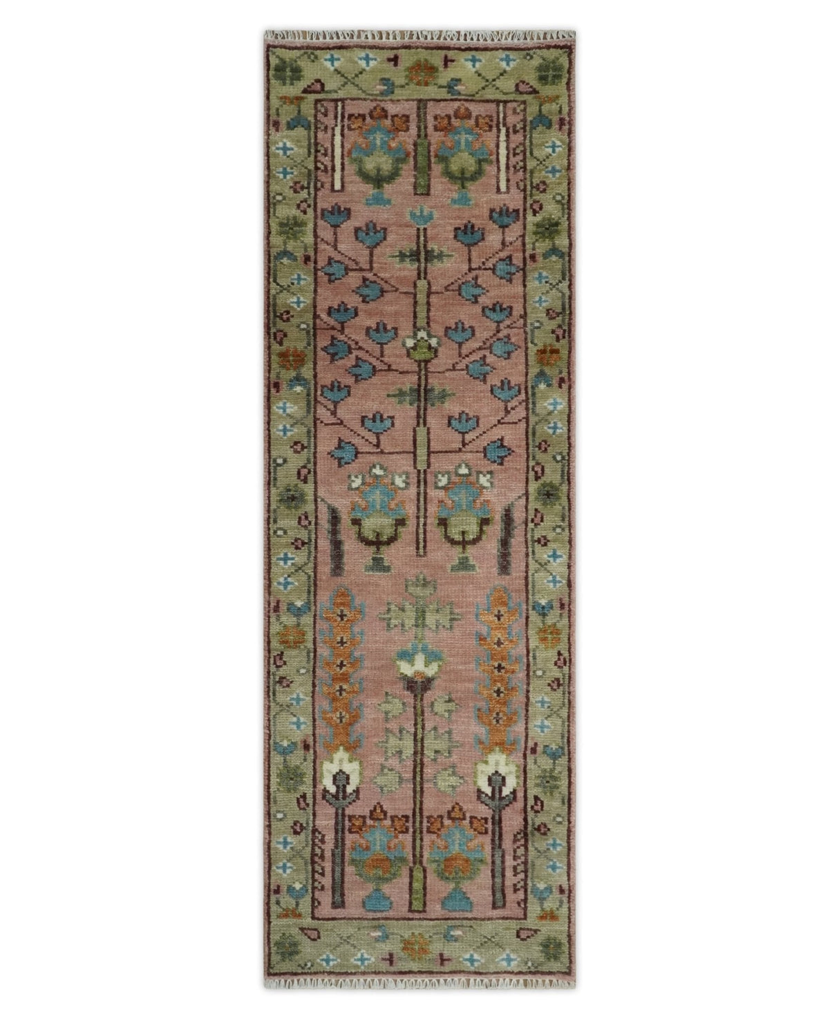 Ready to Ship Pink, Olive and Beige Traditional Vintage Style Tree Wool Rug