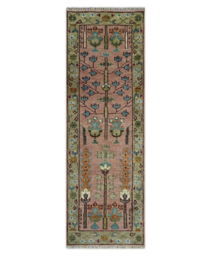 Ready to Ship Pink, Olive and Beige Traditional Vintage Style Tree Wool Rug