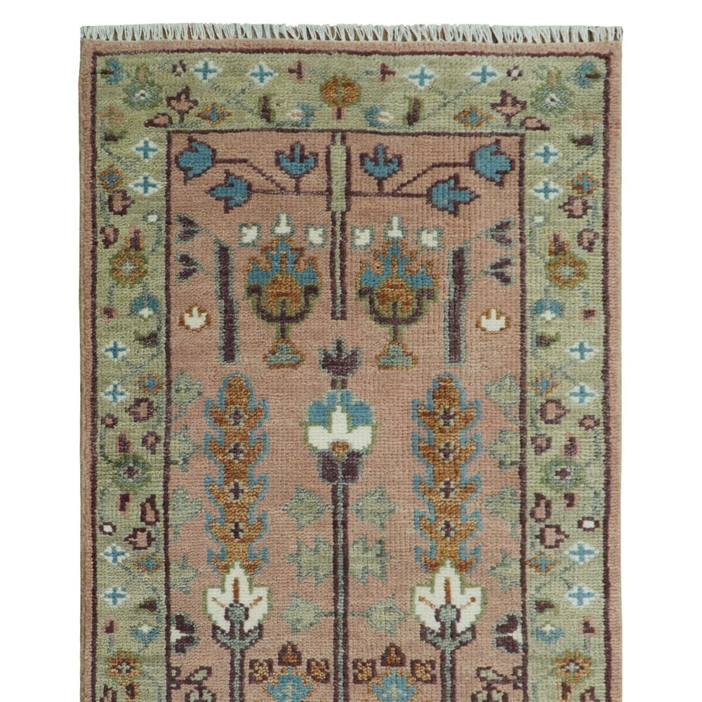 Ready to Ship Pink, Olive and Beige Traditional Vintage Style Tree Wool Rug