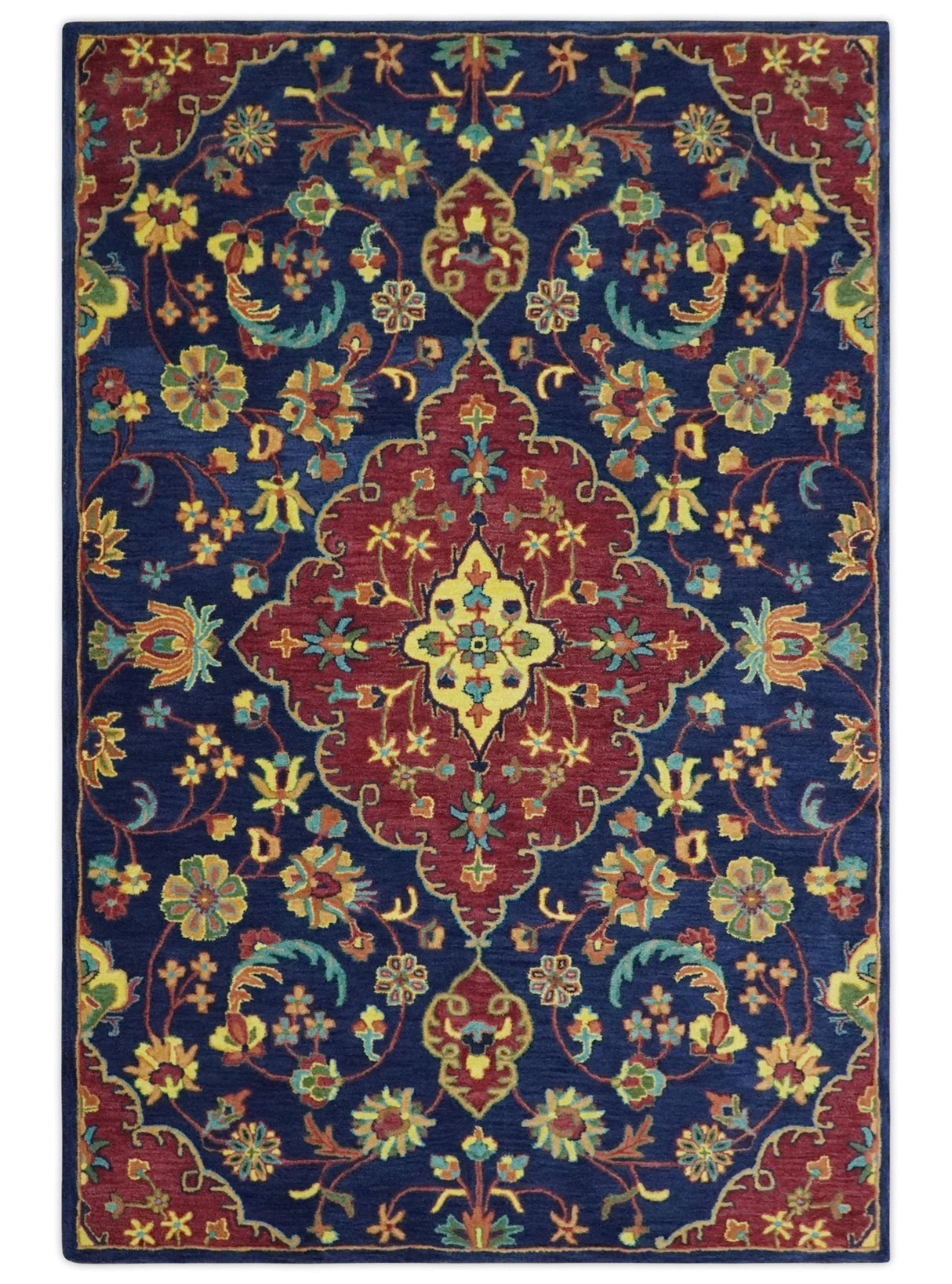 Ready to Ship Red And Blue Traditional Design Hand Tufted 6x9 Wool Rug