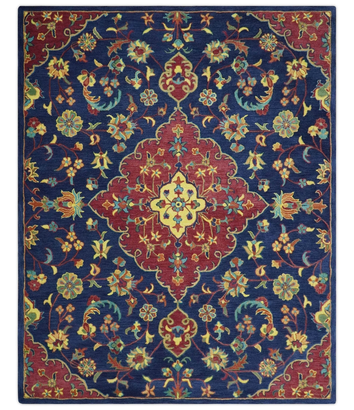 Ready to Ship Red And Blue Traditional Design Hand Tufted 8x10 Wool Rug
