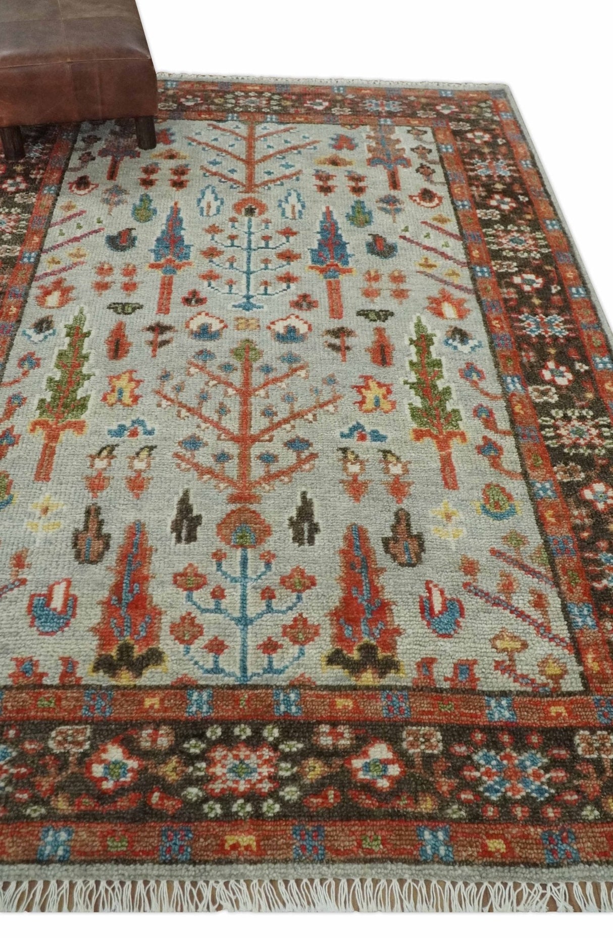 Ready to Ship Silver And Brown Tree of Life Hand Knotted 5x8 Wool Rug