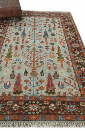Ready to Ship Silver And Brown Tree of Life Hand Knotted 5x8 Wool Rug