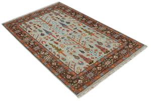 Ready to Ship Silver And Brown Tree of Life Hand Knotted 5x8 Wool Rug
