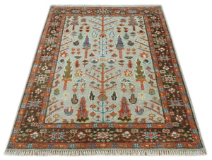 Ready to Ship Silver And Brown Tree of Life Hand Knotted 5x8 Wool Rug