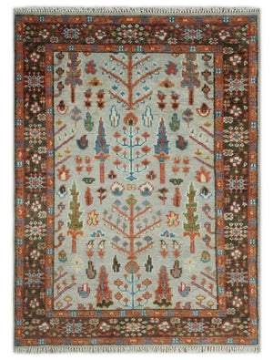 Ready to Ship Silver And Brown Tree of Life Hand Knotted 5x8 Wool Rug