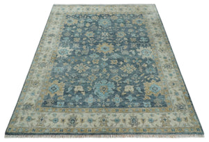 Ready to Ship Teal And Beige Hand Knotted 9X12 Oushak Wool Rug