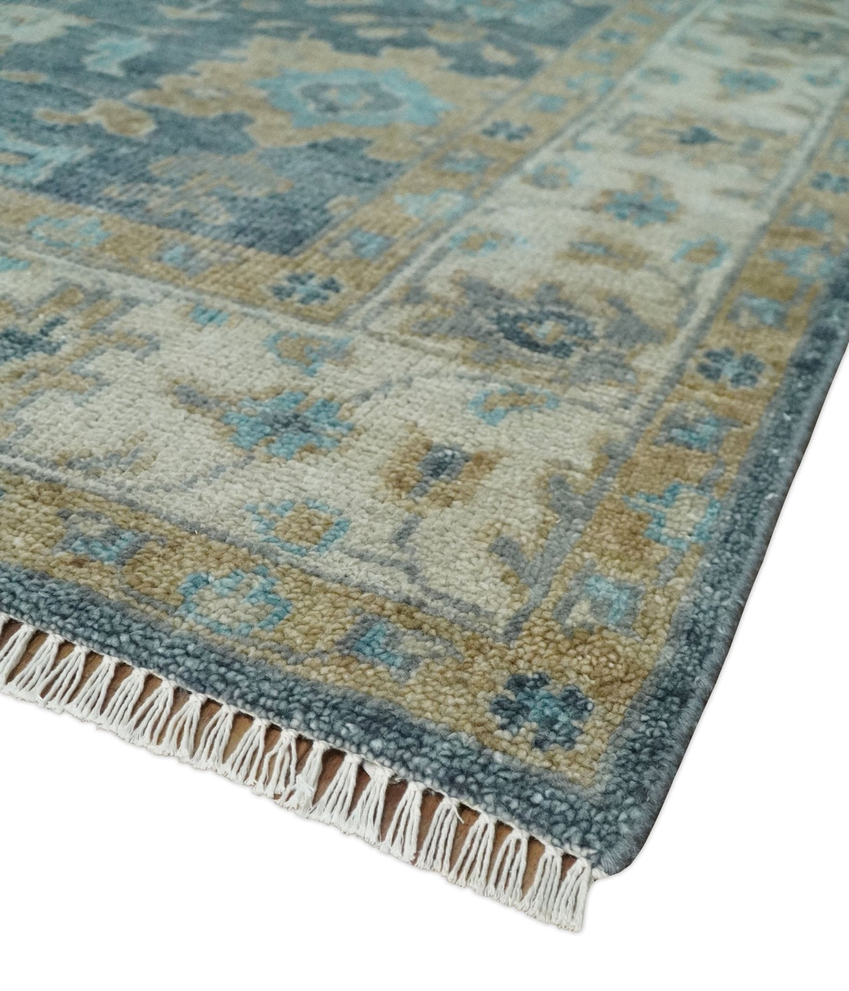 Ready to Ship Teal And Beige Hand Knotted 9X12 Oushak Wool Rug