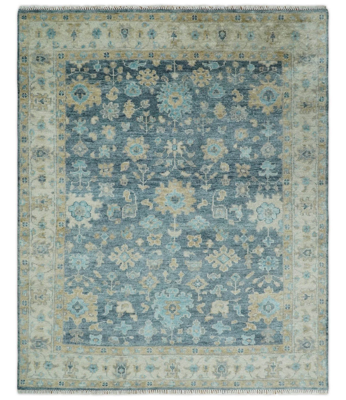 Ready to Ship Teal And Beige Hand Knotted 9X12 Oushak Wool Rug