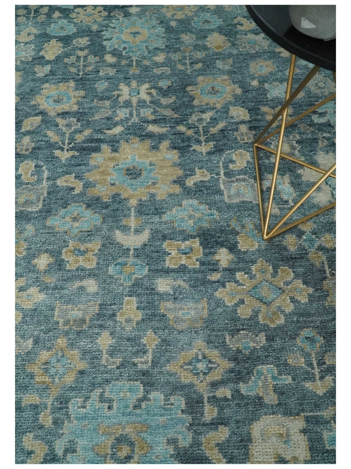 Ready to Ship Teal And Beige Hand Knotted 9X12 Oushak Wool Rug
