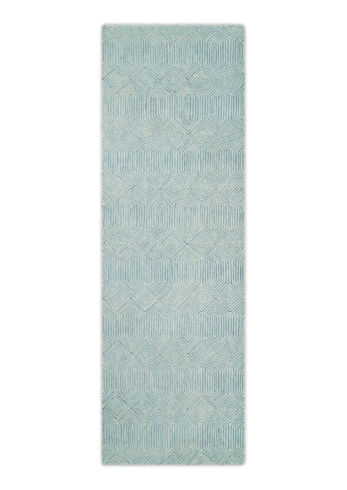 Ready to Ship Teal And Ivory Modern Contemporary Hand Tufted 2.6x8 Wool Rug