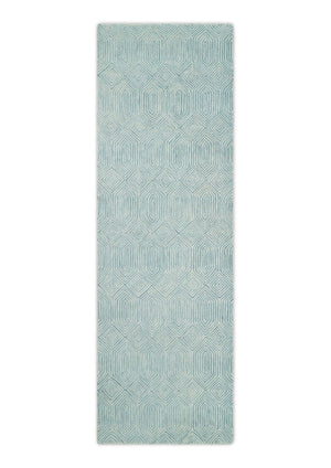 Ready to Ship Teal And Ivory Modern Contemporary Hand Tufted 2.6x8 Wool Rug