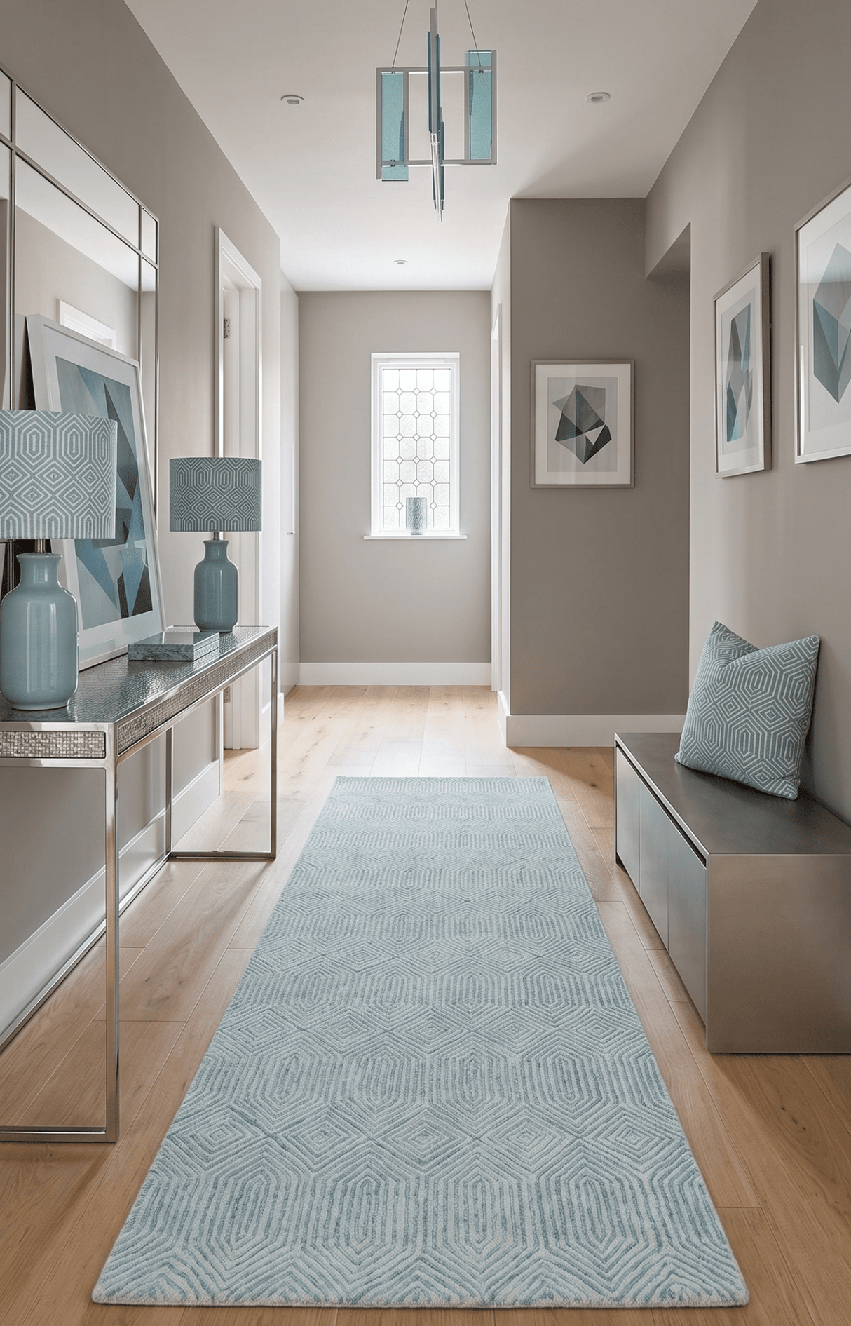 Ready to Ship Teal And Ivory Modern Contemporary Hand Tufted 2.6x8 Wool Rug