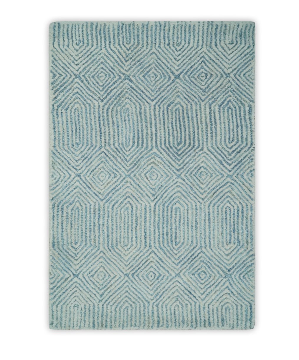 Ready to Ship Teal And Ivory Modern Contemporary Hand Tufted 2x3 Wool Rug