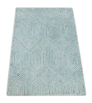 Ready to Ship Teal And Ivory Modern Contemporary Hand Tufted 2x3 Wool Rug