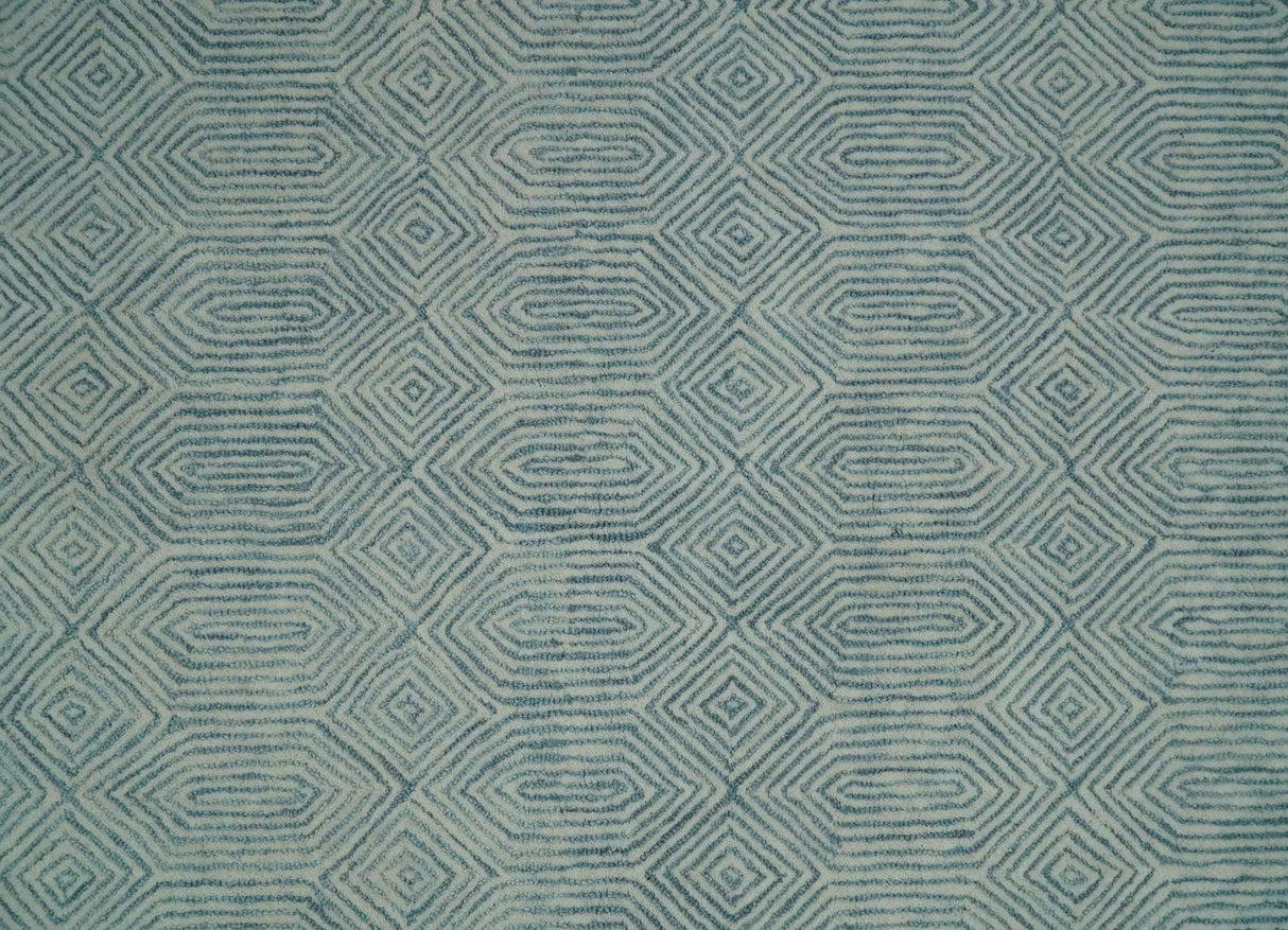 Ready to Ship Teal And Ivory Modern Contemporary Hand Tufted 8x10 Wool Rug