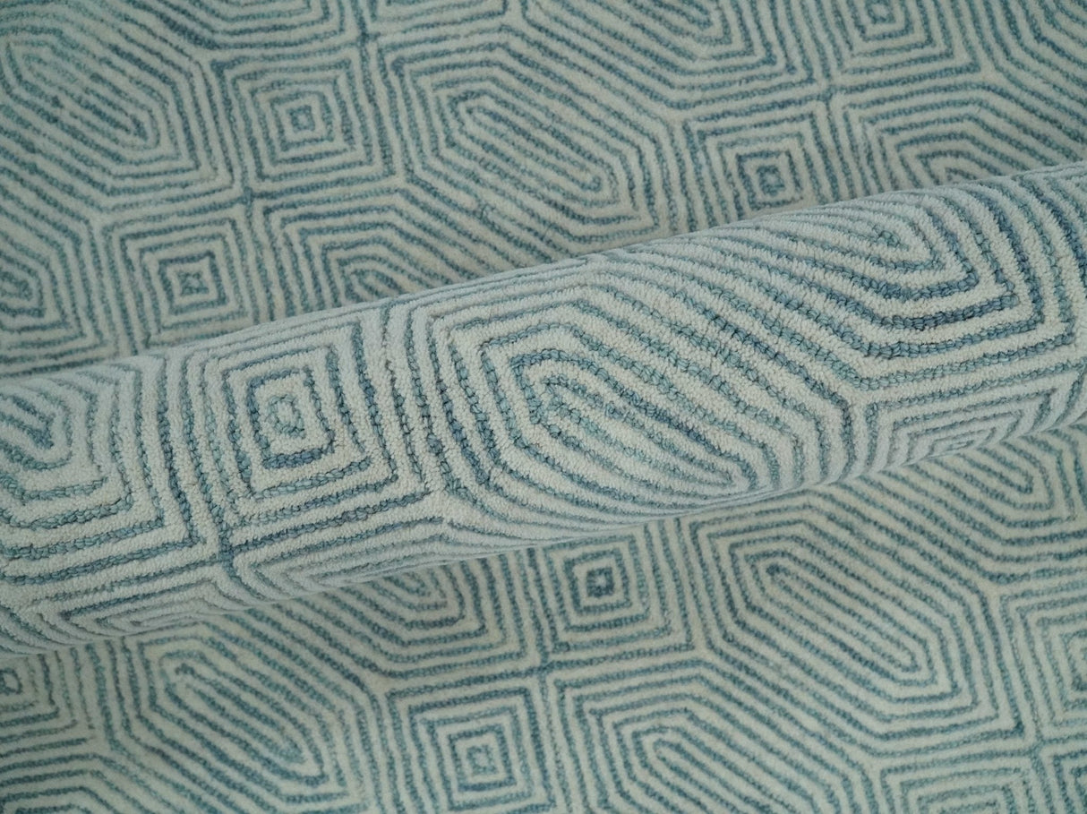 Ready to Ship Teal And Ivory Modern Contemporary Hand Tufted 8x10 Wool Rug