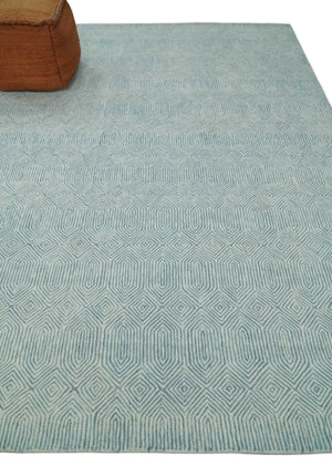 Ready to Ship Teal And Ivory Modern Contemporary Hand Tufted 8x10 Wool Rug