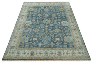 Ready to Ship Teal Blue Hand Knotted Oriental Oushak Ivory and Beige Wool Area Rug