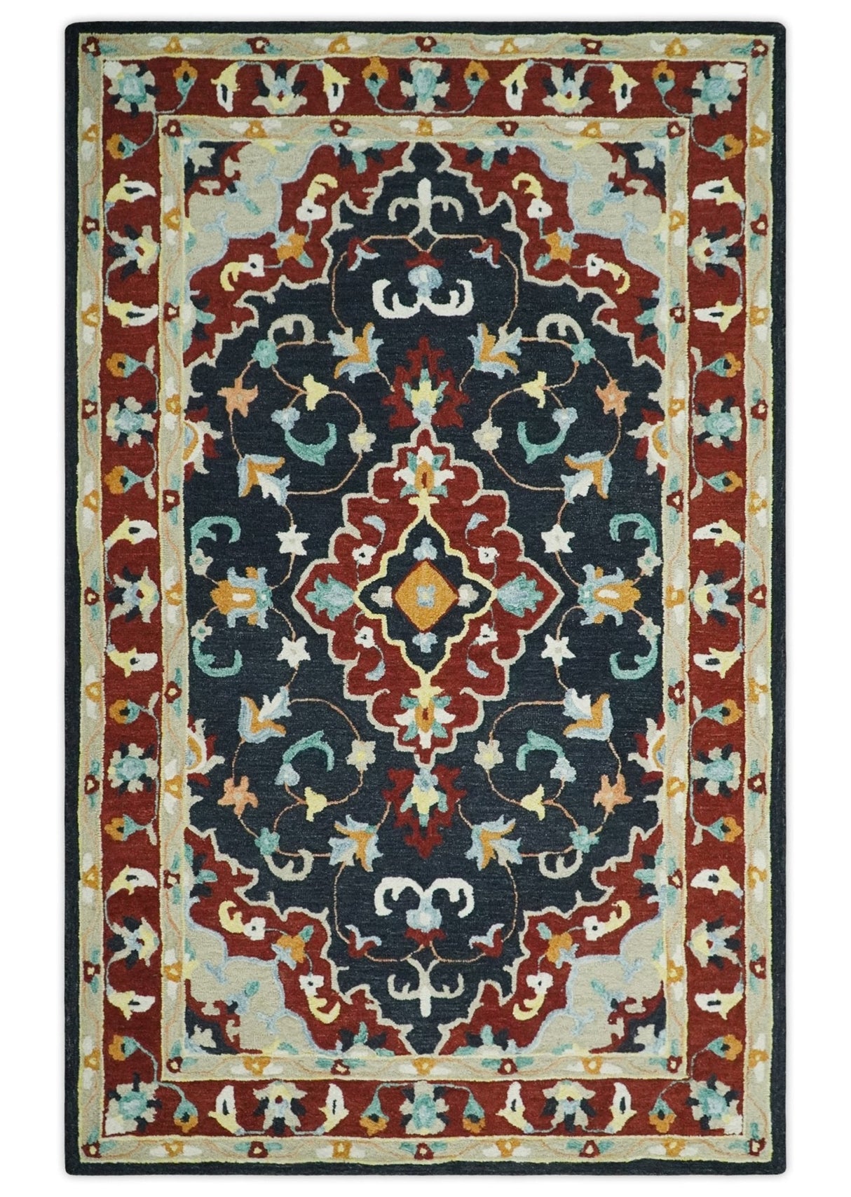 Ready to Ship Traditional Charcoal And Maroon Hand Tufted 5x8 Wool Rug