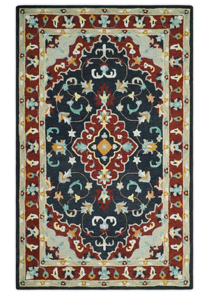 Ready to Ship Traditional Charcoal And Maroon Hand Tufted 5x8 Wool Rug
