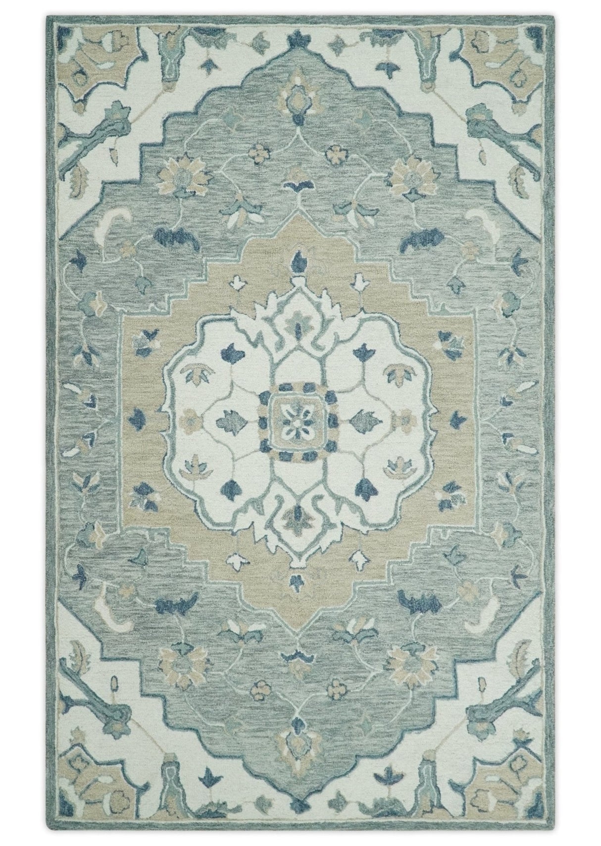 Ready to Ship Traditional Ivory And Blue Hand Tufted 5x8 Wool Rug