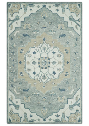 Ready to Ship Traditional Ivory And Blue Hand Tufted 5x8 Wool Rug
