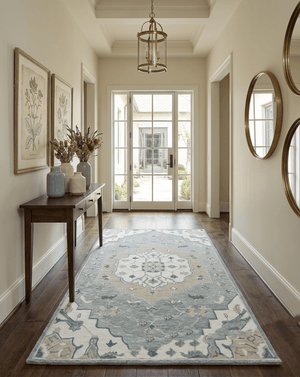 Ready to Ship Traditional Ivory And Blue Hand Tufted 5x8 Wool Rug