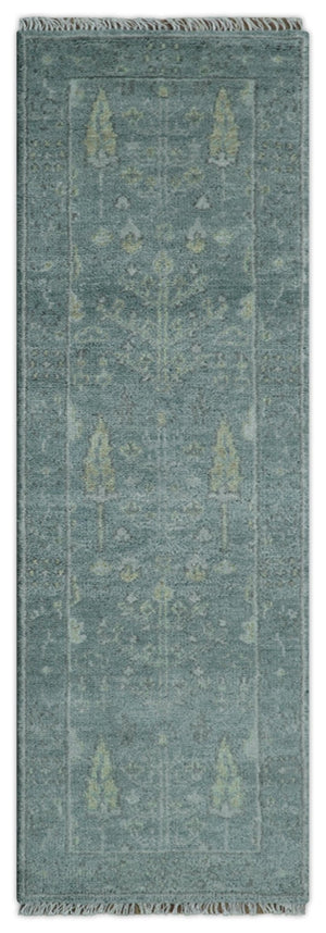 Ready to Ship Tree of life Teal And Beige 2.6x8 Wool Rug