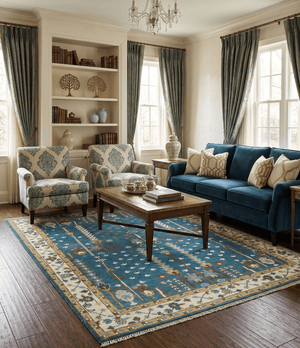Ready to Ship Tree of Life Traditional Hand Knotted 8x10 Teal Blue and Ivory Wool Area Rug